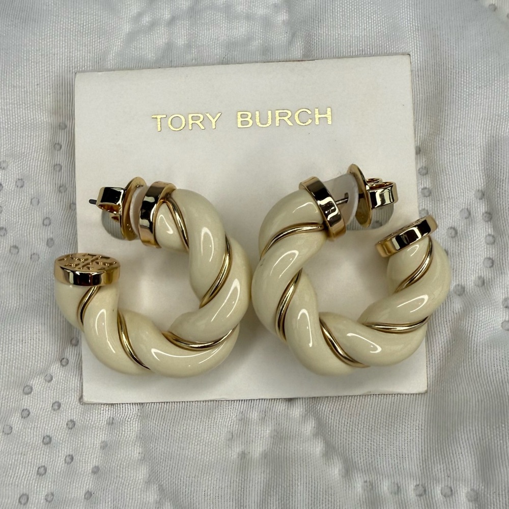 NWT - Tory Burch Textured Rope Hoop Earrings – Ivory & Gold
